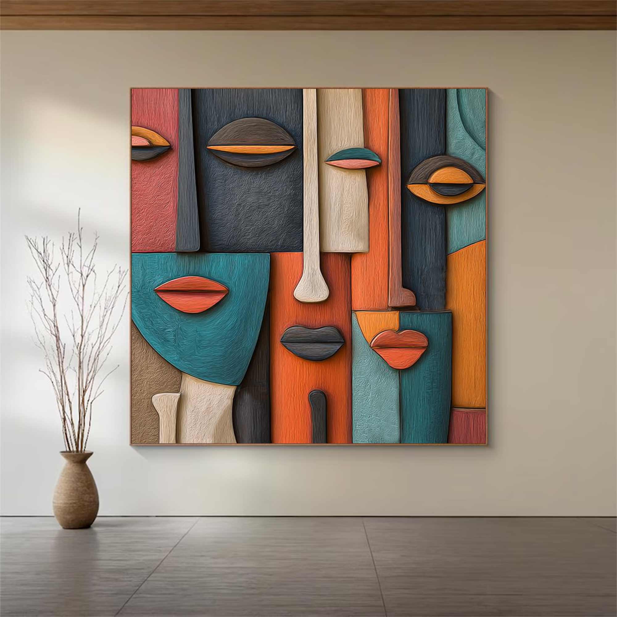 Hand-Painted Wood Carving Wall Art face Abstract 3D Textured Sculpture