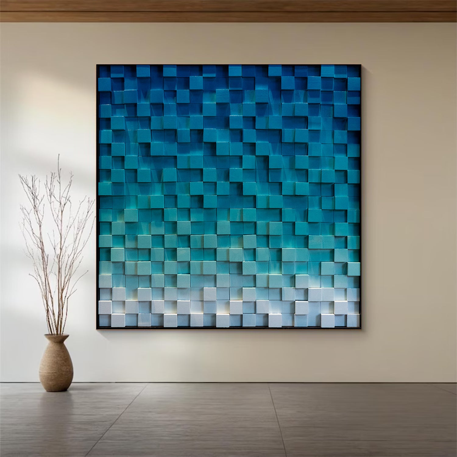 Blue Wood wall Decor Wood Block Art Geometric Wood Art Sculptured art