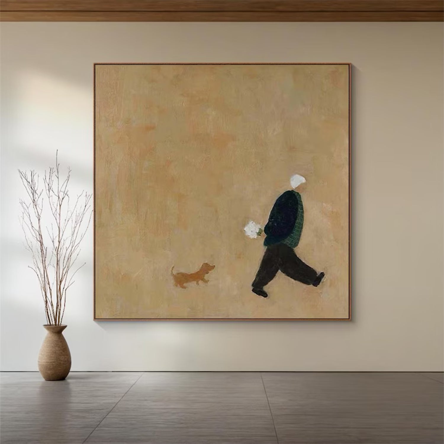 Old man walking with puppy Oil Painting Brown Hand-Painted Canvas Art 