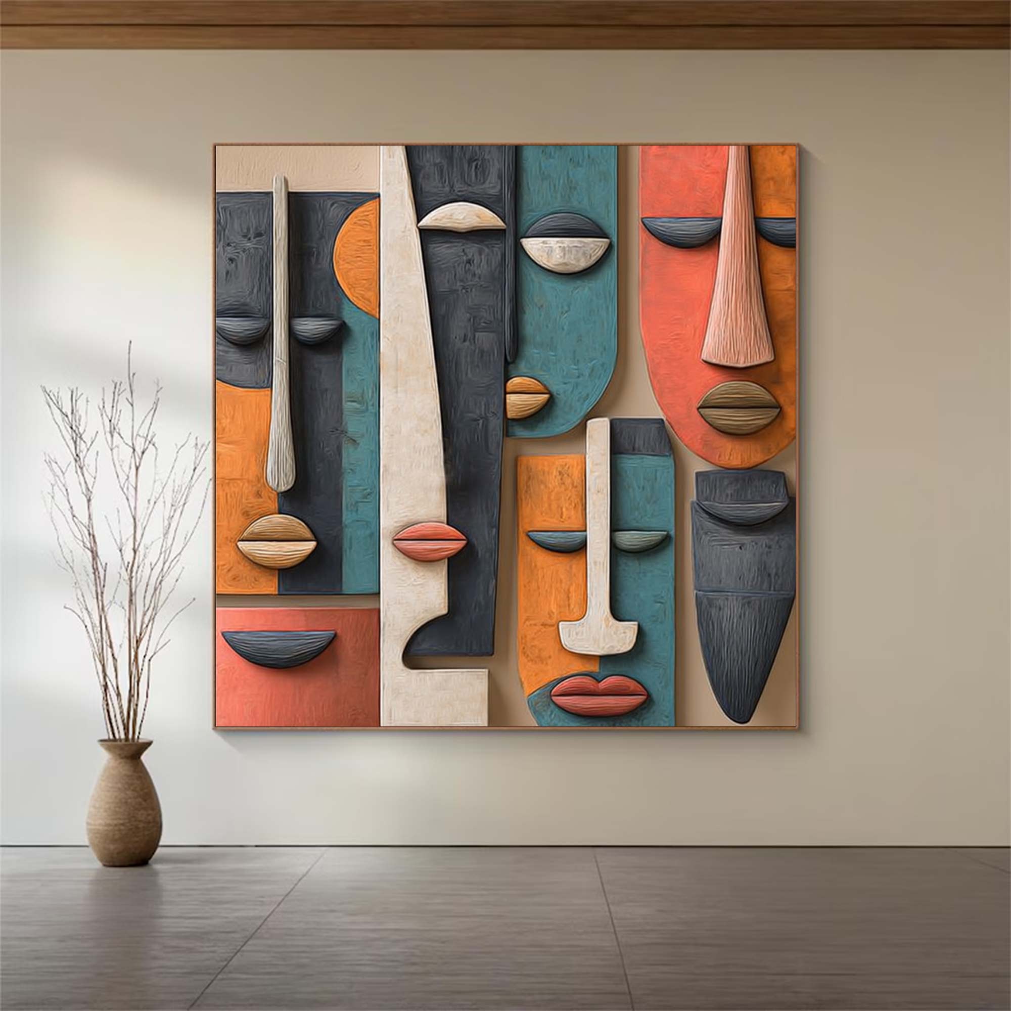 Hand-Painted Wood Carving Wall Art face Abstract 3D Textured Sculpture