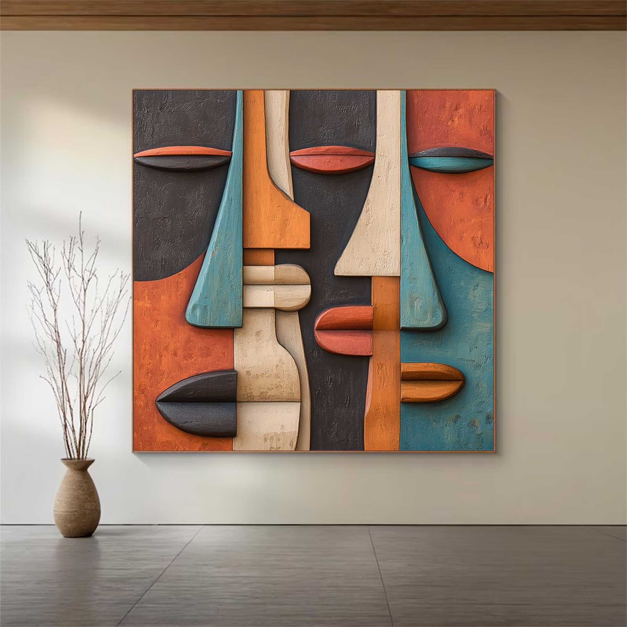 face Abstract 3D Textured Sculpture Hand-Painted Wood Carving Wall Art
