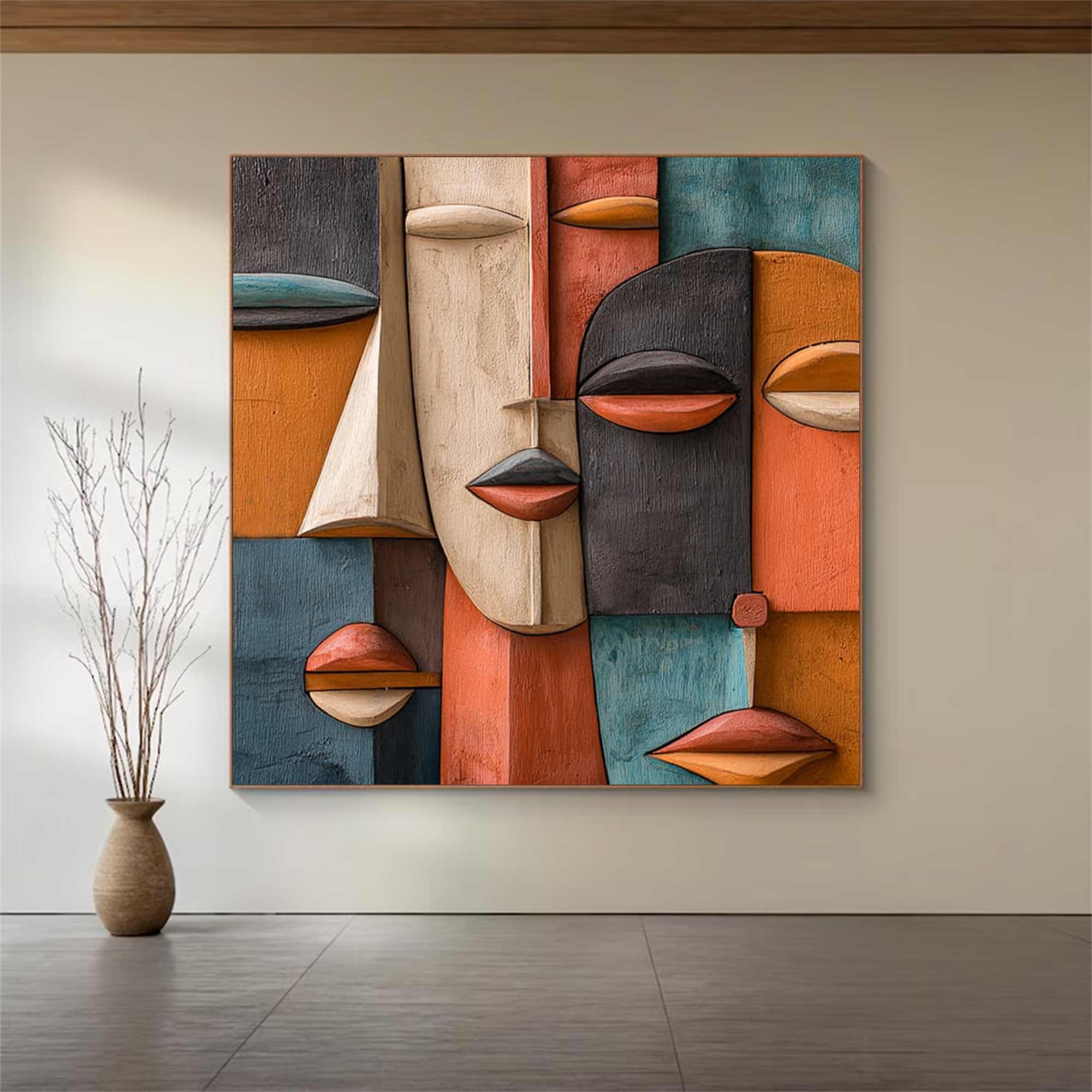 Hand-Painted Wood Carving Wall Art face Abstract 3D Textured Sculpture