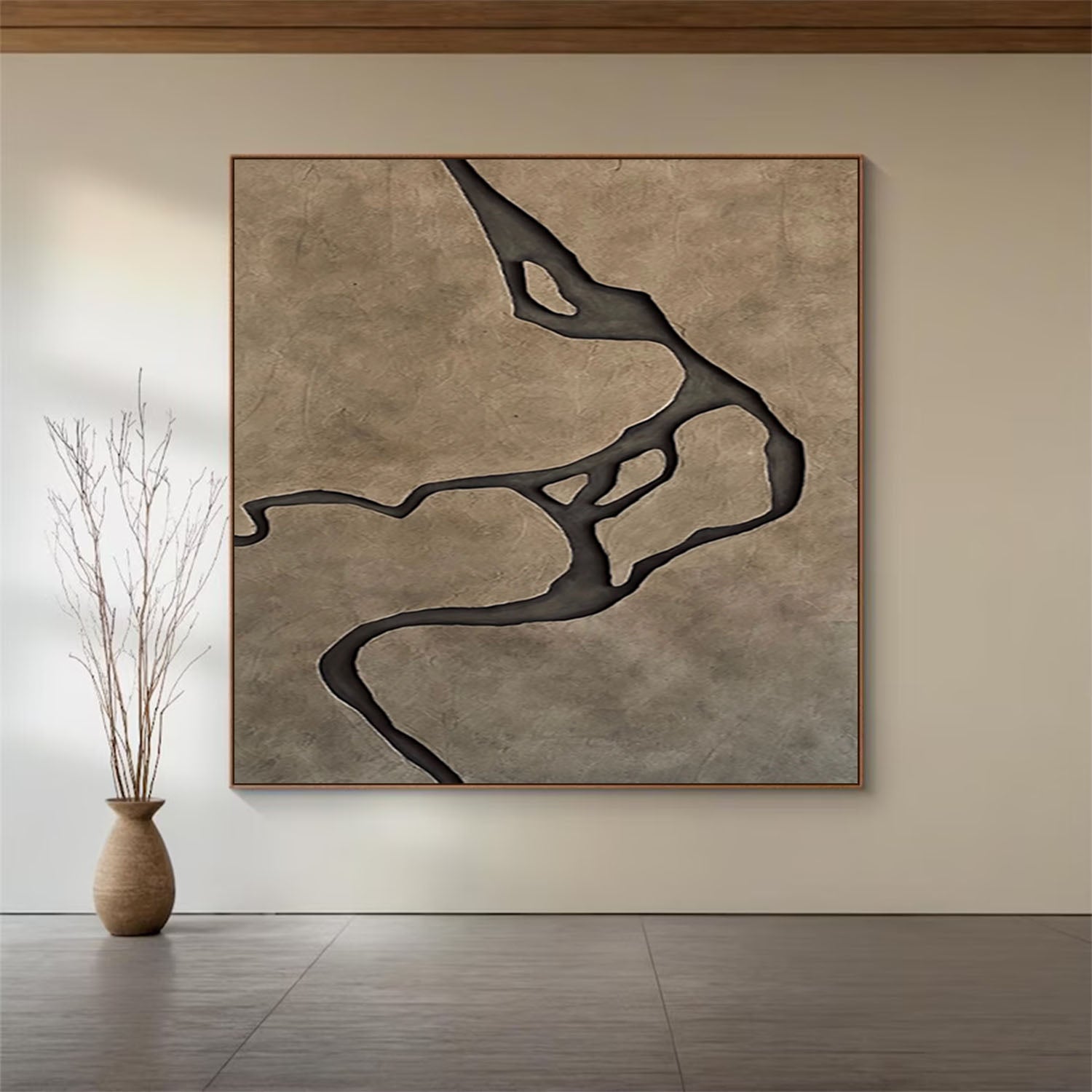 Earth Tone Japandi style 3D Wood Wall Art Wabi-Sabi River Relief for Living Room