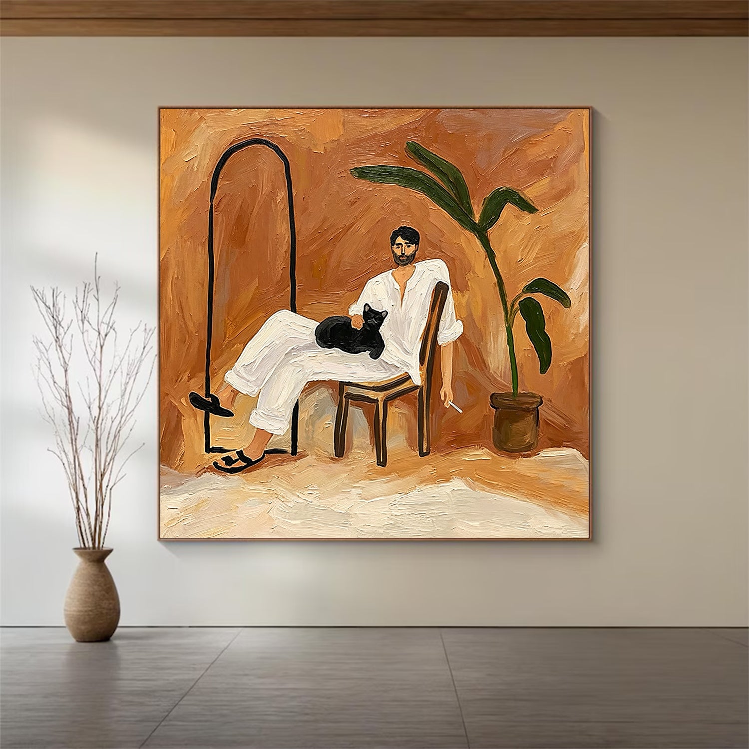 Hand-Painted Portrait Oil Painting - Man with Black Cat, Mid-Century Modern Wall Art