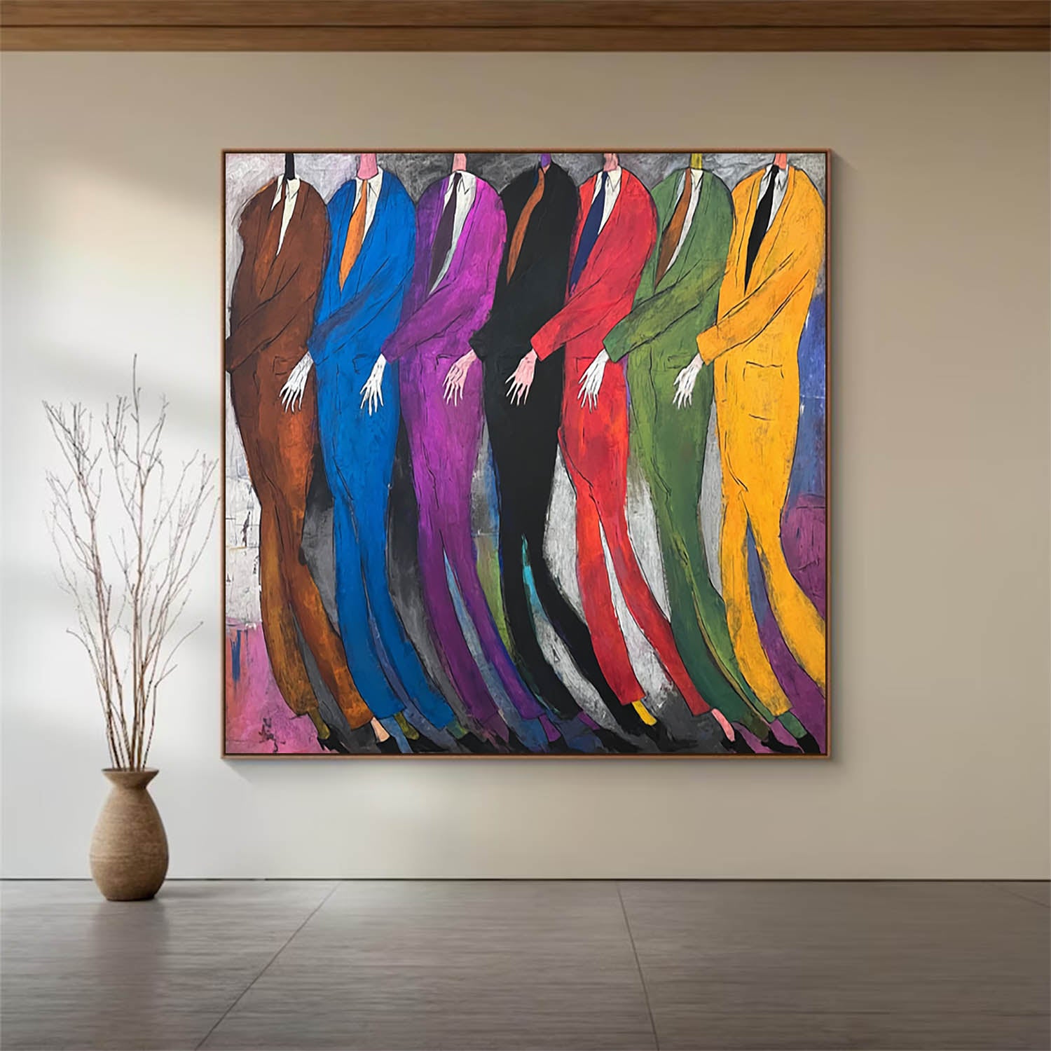 Hand-Painted Colorful Abstract Men in Suits Oil Painting - Expressionist Figurative Wall Art