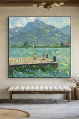 Green Abstract Landscape Oil Painting Lake Canvas Art Vintage Landscape Art Countryside Painting Custom Swimming Painting Farmhouse Wall Art