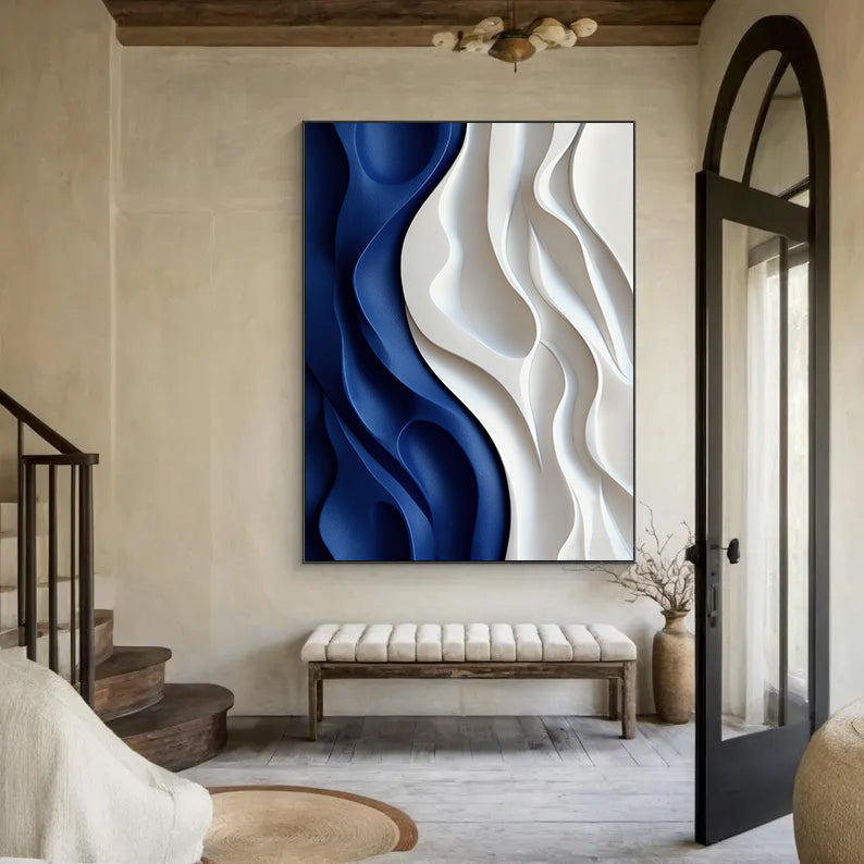 Blue 3D Textured Wall art Blue Sculptured art Painting Wood carving wall art