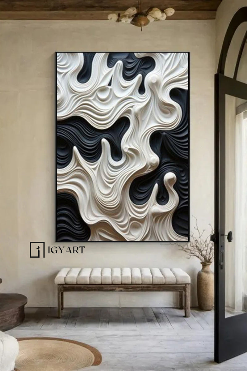 Black and White sculpture Wall art Black Wood carving wall art Black sculpture Textured Wall art Black Abstract Art