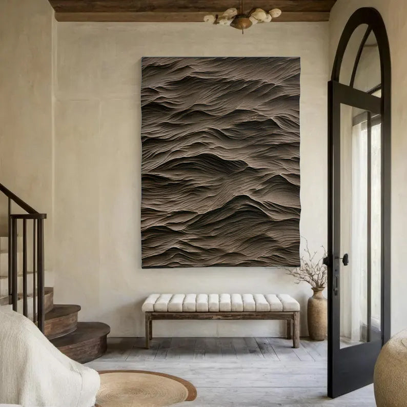 brown Sculptured Wood Block Art Sculptured art Painting brown sculpture Waves Textured Wall Decor 