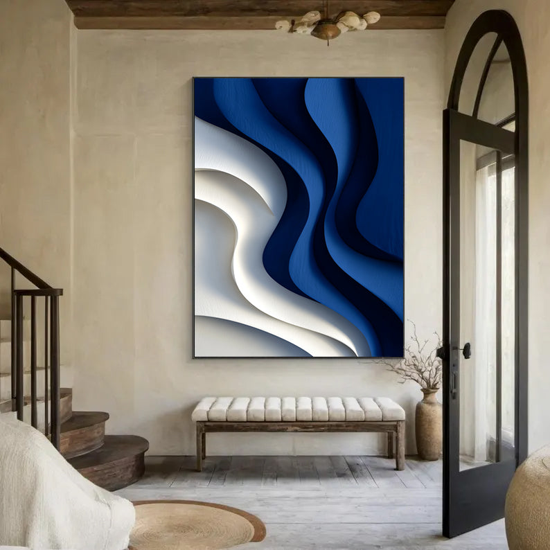 Blue 3D Textured Wall art Blue Sculptured art Painting Wood Block Art