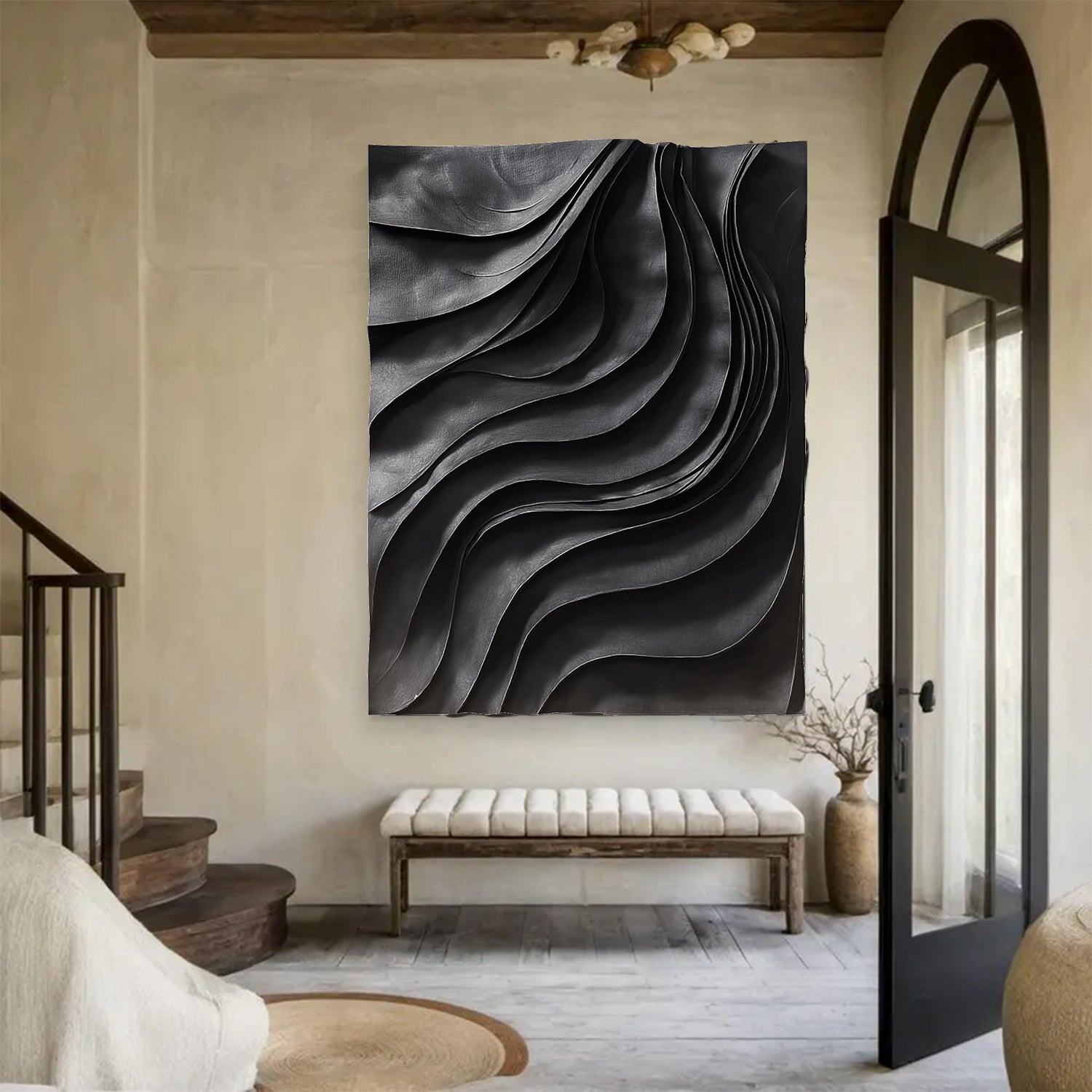 Black sculpture Wall art Wood Wall decor Black Wood carving wall art