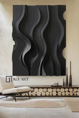 Black sculpture Textured Wall art Black sculpture Wall art Black Wood carving wall art Black Abstract Art