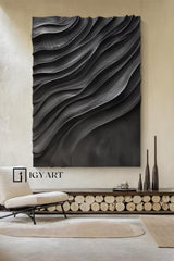 Black sculpture Textured Wall art Black sculpture Wall art Black Wood carving wall art Black Abstract Art