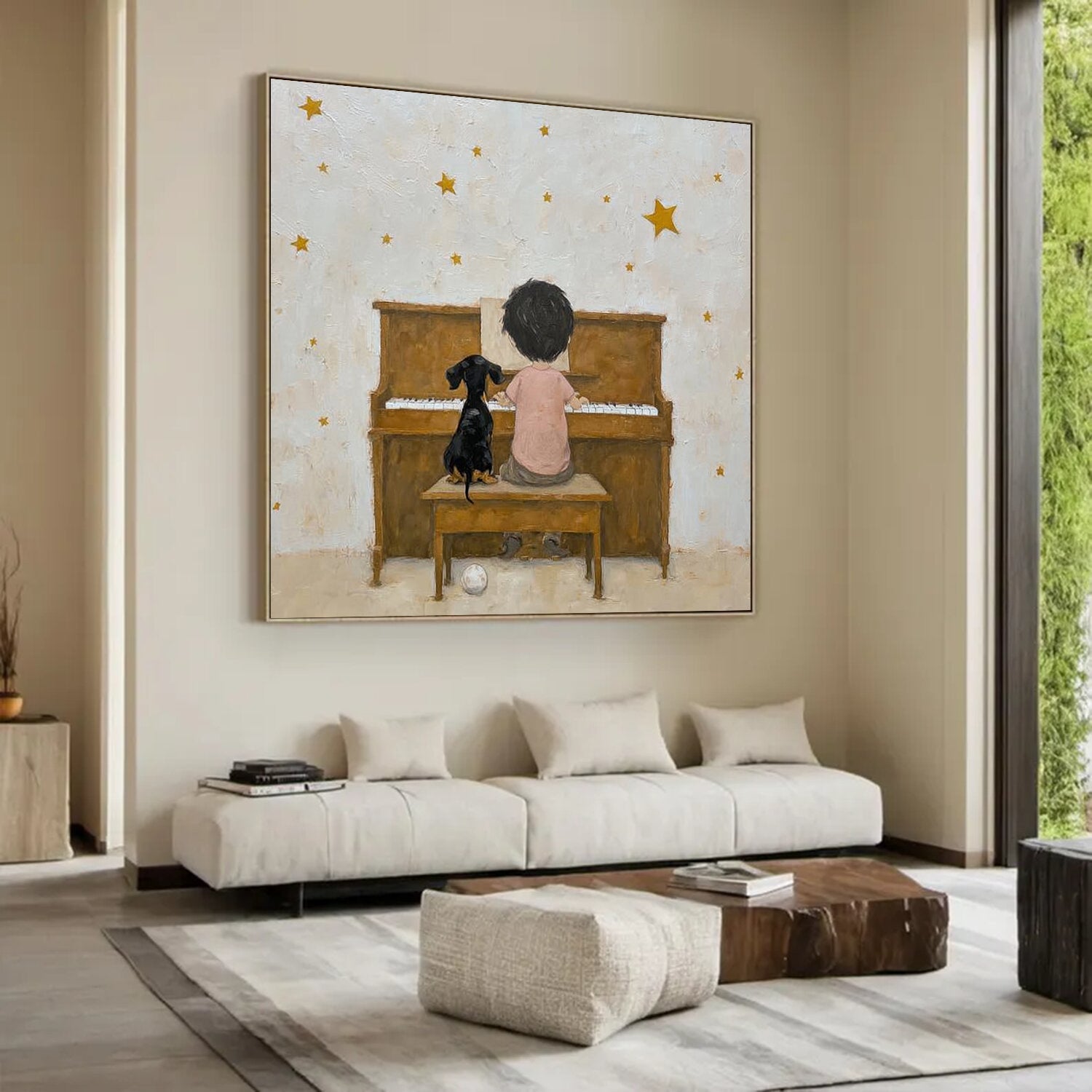 Minimalist Portrait with Black Cat - Wabi-Sabi Art Decor, Textured Earthy Tones