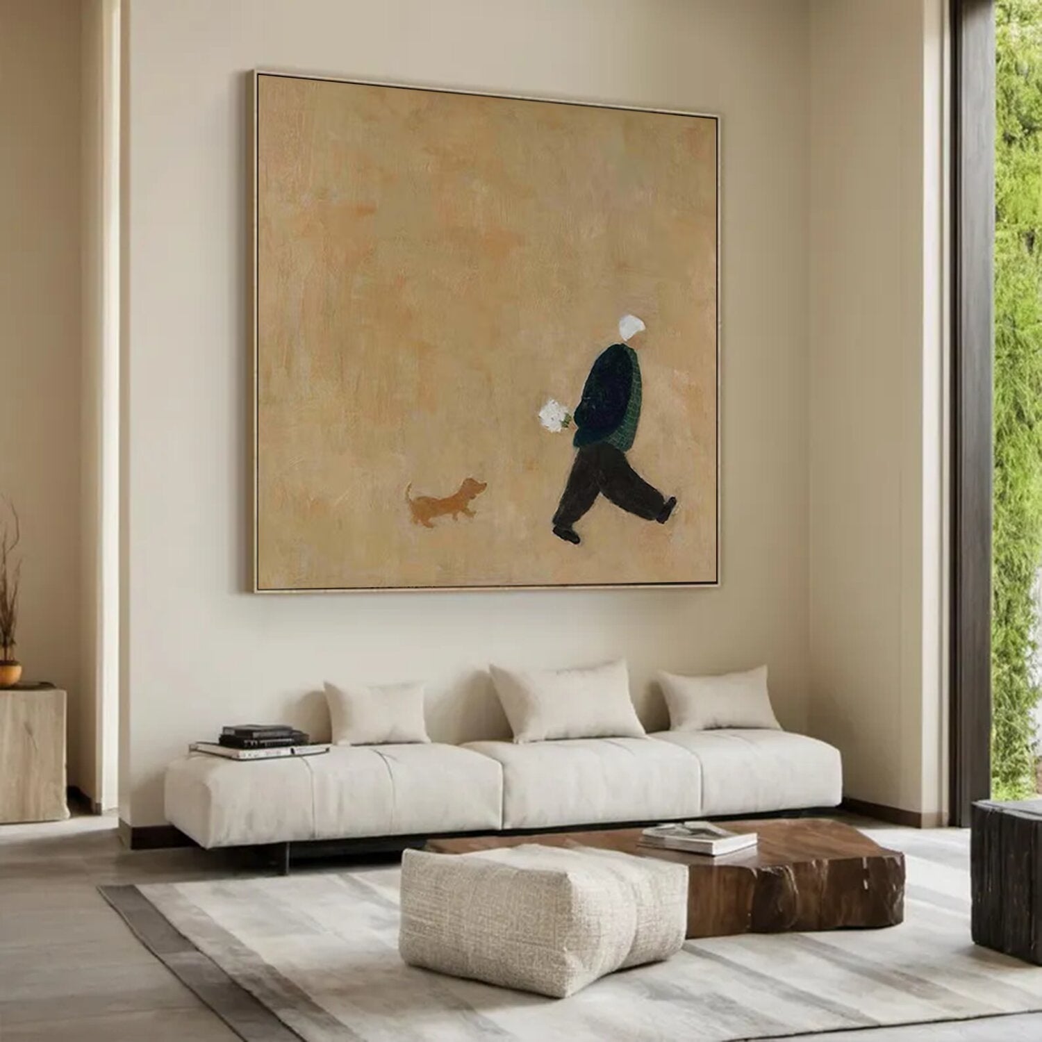Old man walking with puppy Oil Painting Brown Hand-Painted Canvas Art 