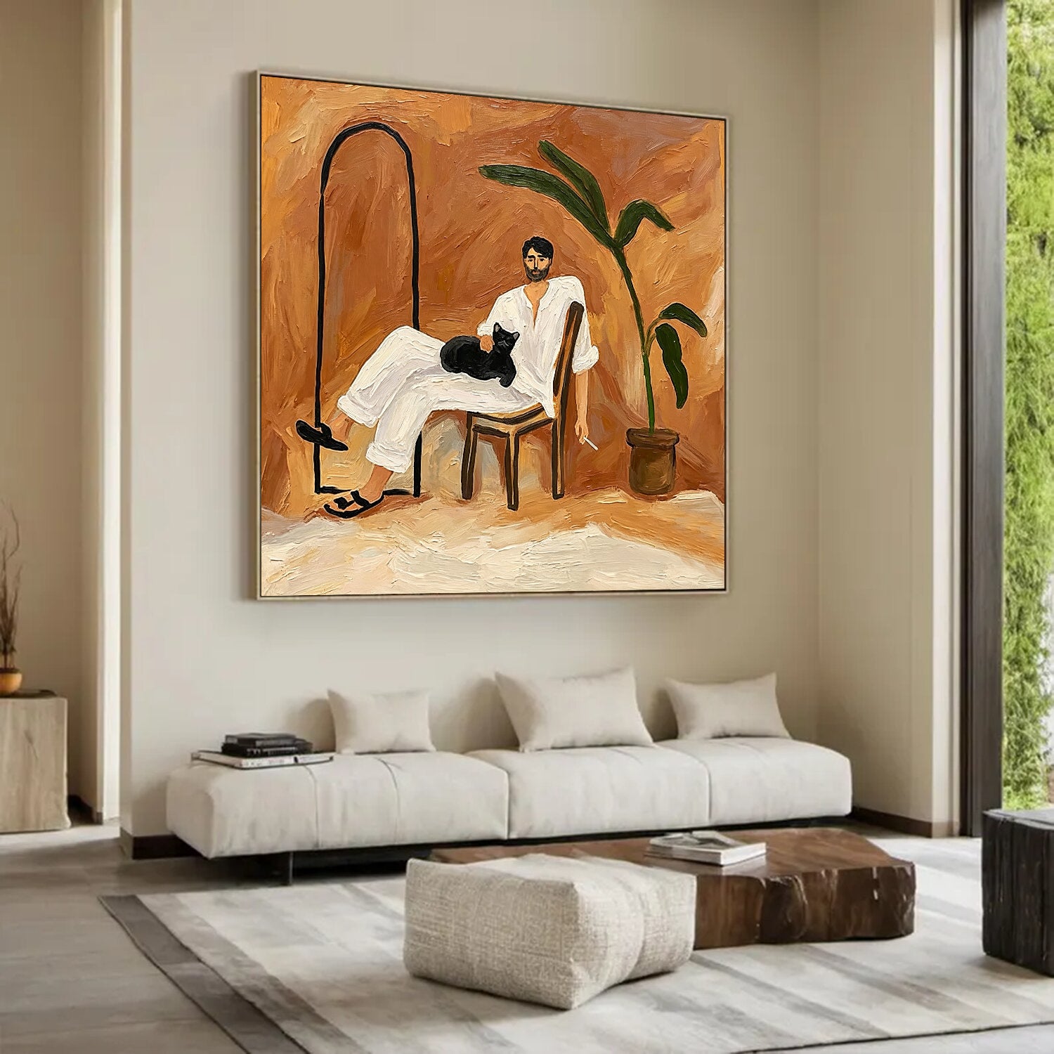 Hand-Painted Portrait Oil Painting - Man with Black Cat, Mid-Century Modern Wall Art
