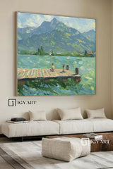 Green Abstract Landscape Oil Painting Lake Canvas Art Vintage Landscape Art Countryside Painting Custom Swimming Painting Farmhouse Wall Art