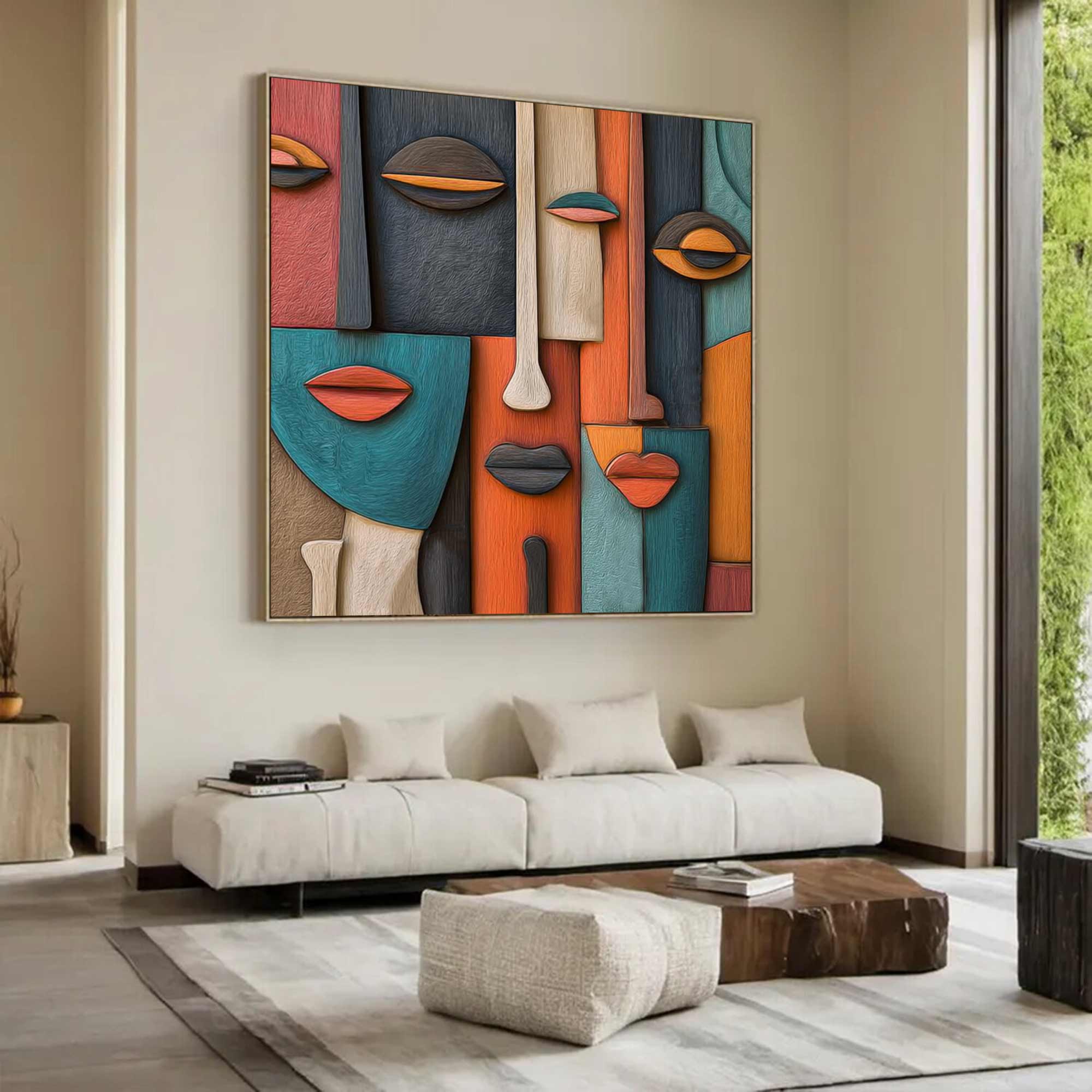 Hand-Painted Wood Carving Wall Art face Abstract 3D Textured Sculpture