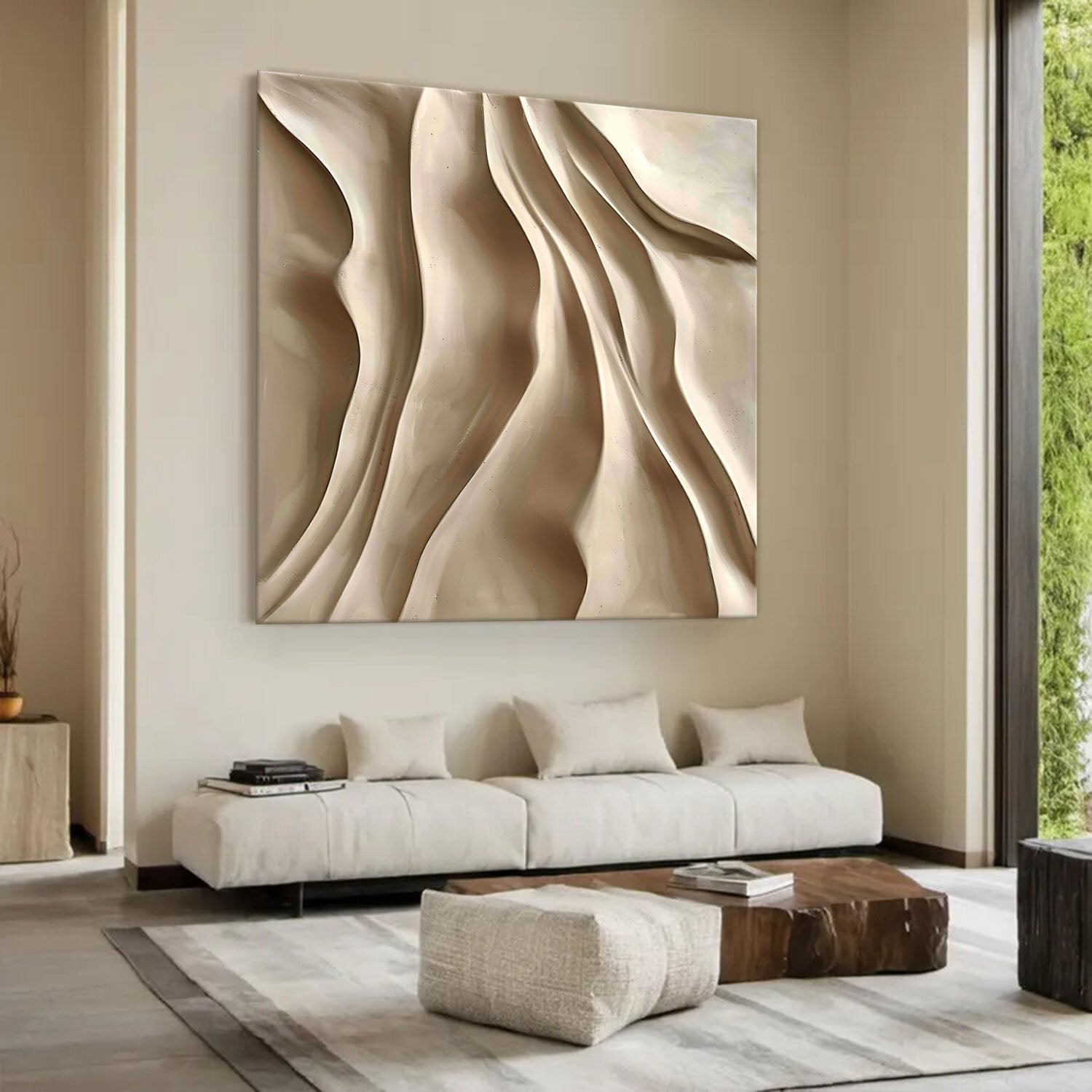 Beige Sculptured art Wood carving wall art Beige 3D Textured Wall Art
