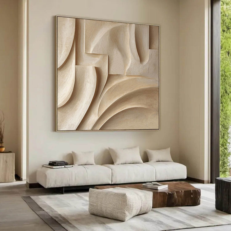 Beige Textured Wall Decor Wood 3D Textured Wall Decor Wood carving wall art