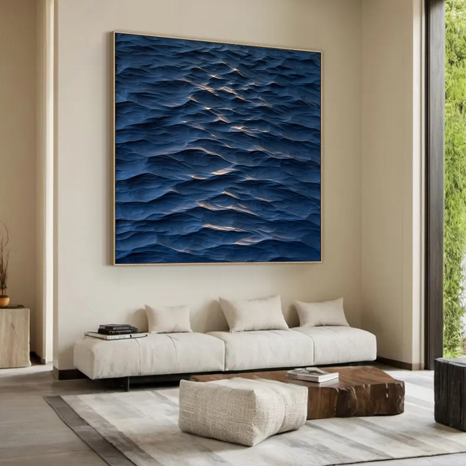 Sculptured wall art Wood carving wall art blue ocean wave texture art 