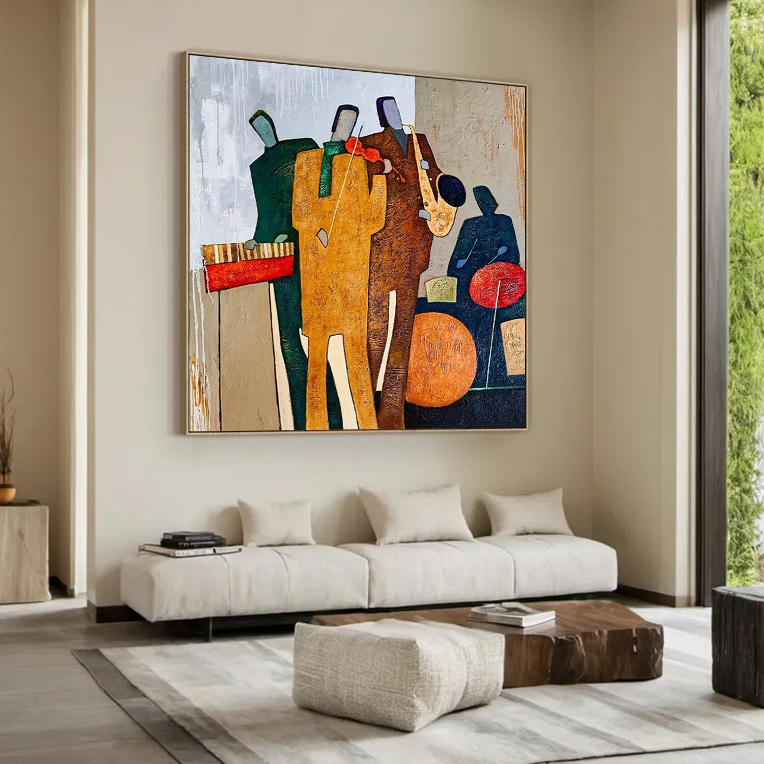 Mid-Century Modern Jazz Band Palette Knife Oil Painting - Abstract Musicians Wall Art