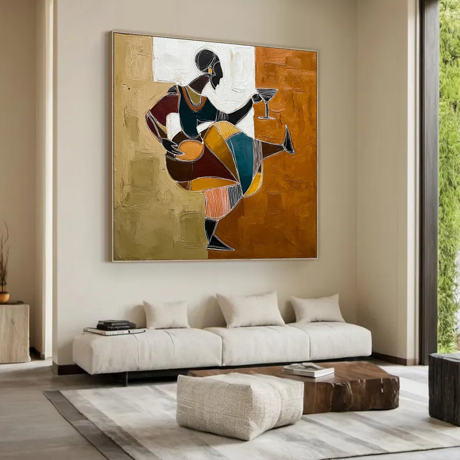 Hand-Painted Tribal Woman with Wine Glass | Modern Geometric Wall Art