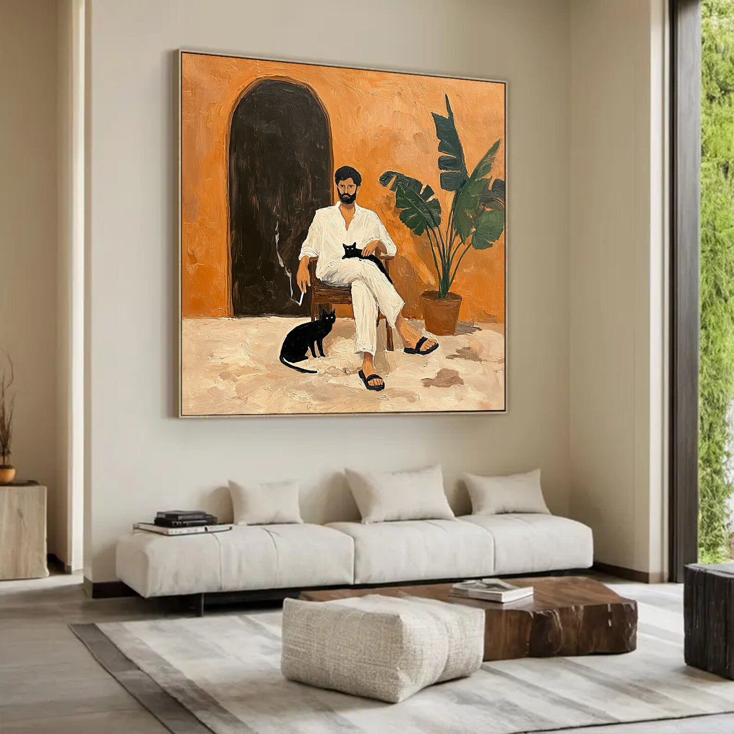 Minimalist Portrait with Black Cat - Wabi-Sabi Art Decor, Textured Earthy Tones