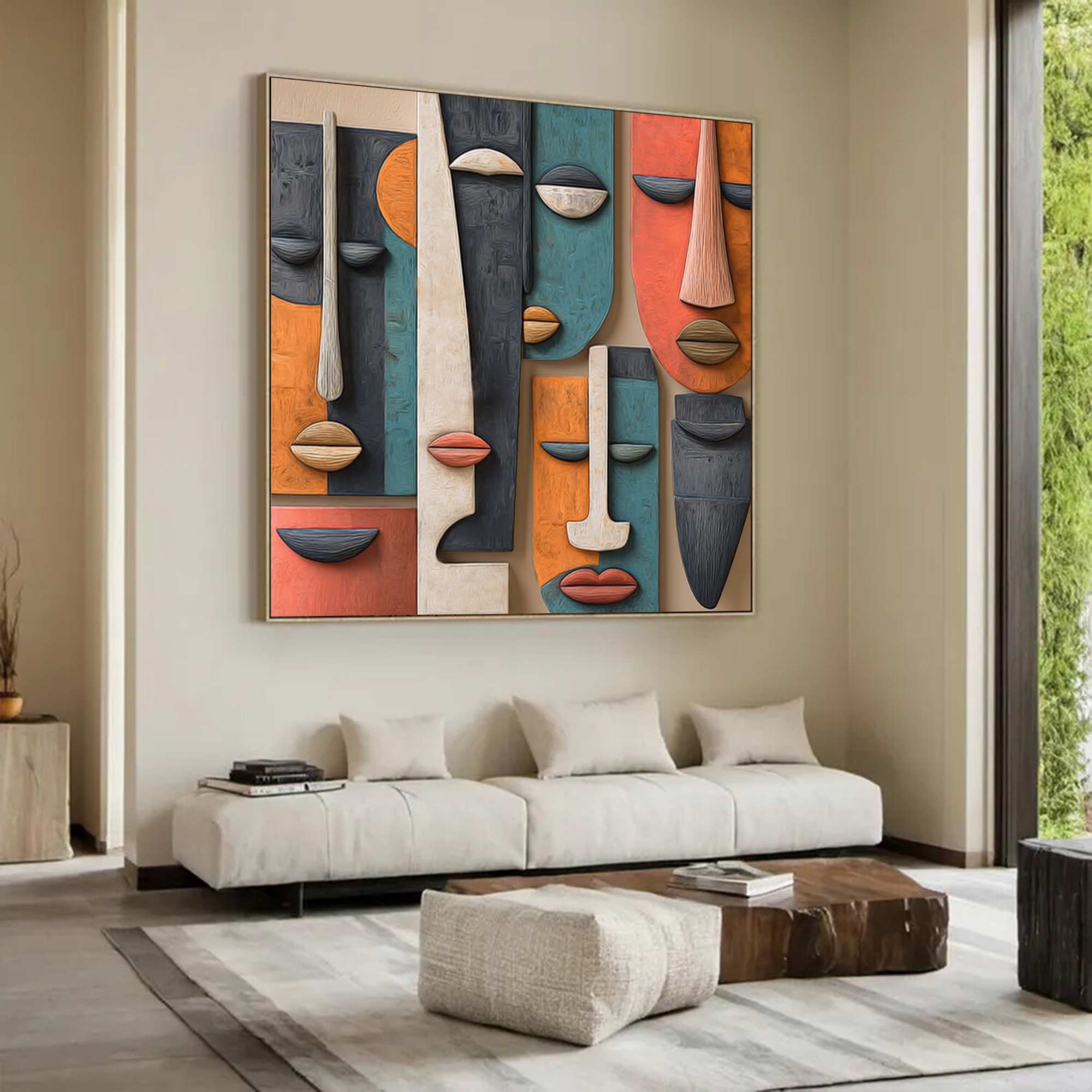 Hand-Painted Wood Carving Wall Art face Abstract 3D Textured Sculpture