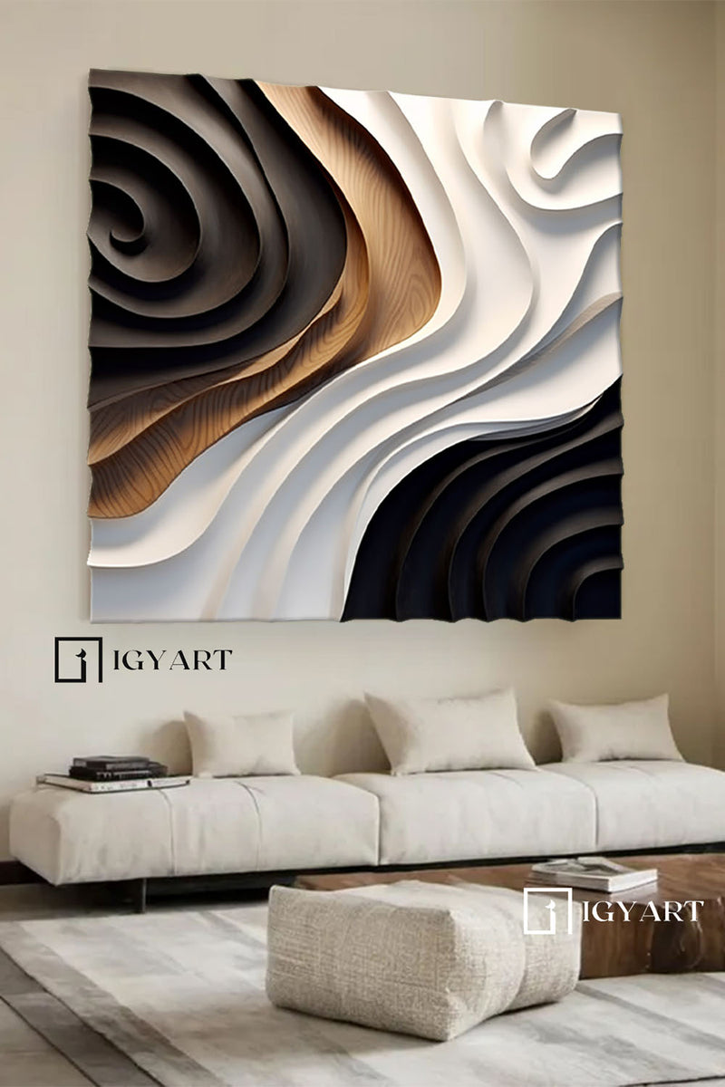 Black Sculptured art Art Black and white 3D textured wall art Wood carving wall art Customized colors