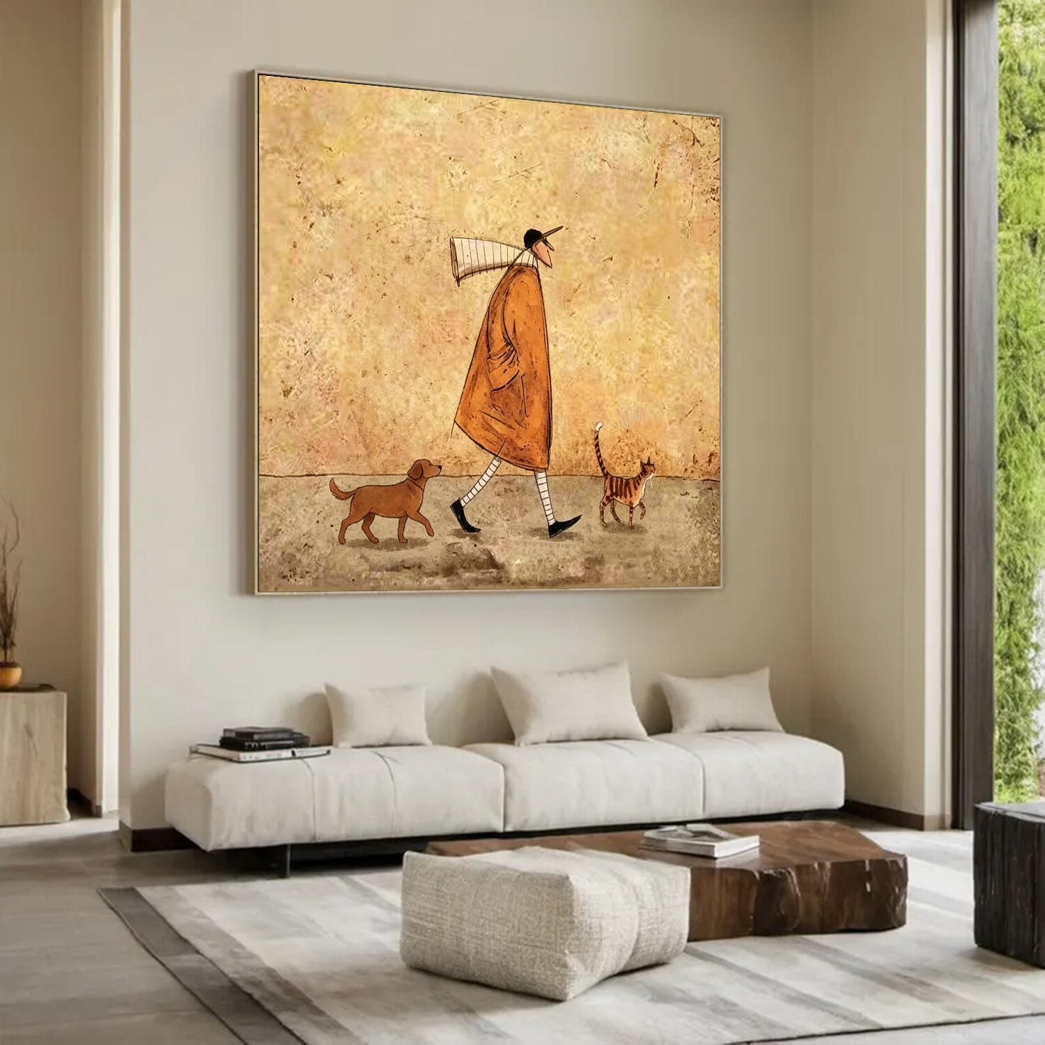 Hand Painted Whimsical Man Walking Dog and Cat Wall Art, Vintage Rustic Pet Lover Painting