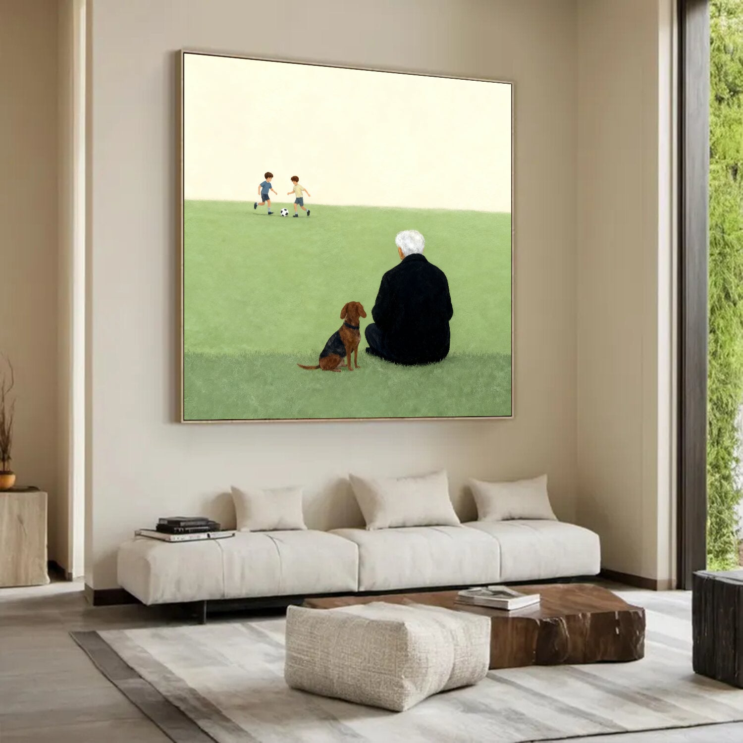 Elderly Man and Dog Oil Painting Nostalgic Senior & Pet Companion Wall Decor