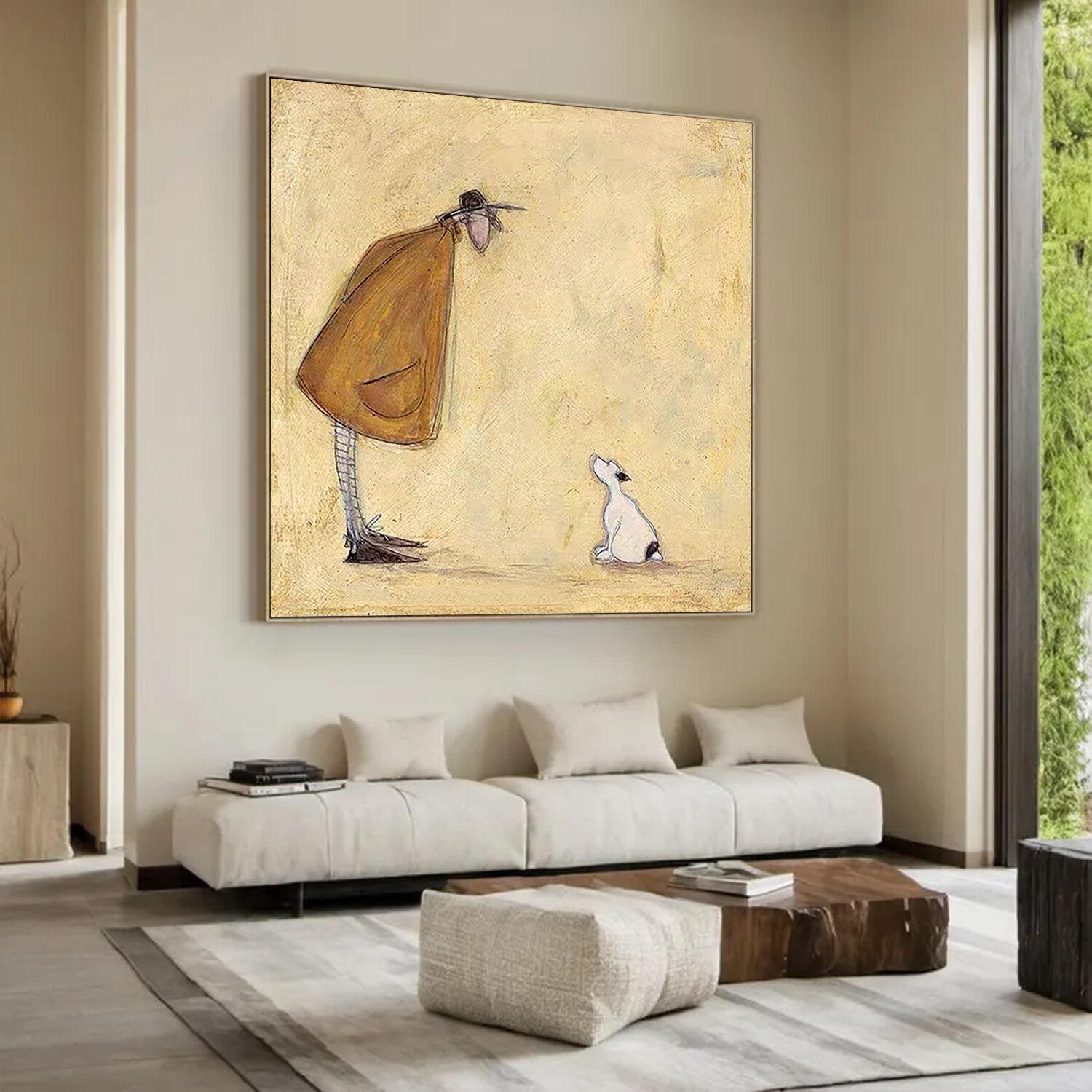 Funny Dog Lover Gift Man and Dog Art Vintage Folk Art Canvas Painting Cozy Reading Nook Art