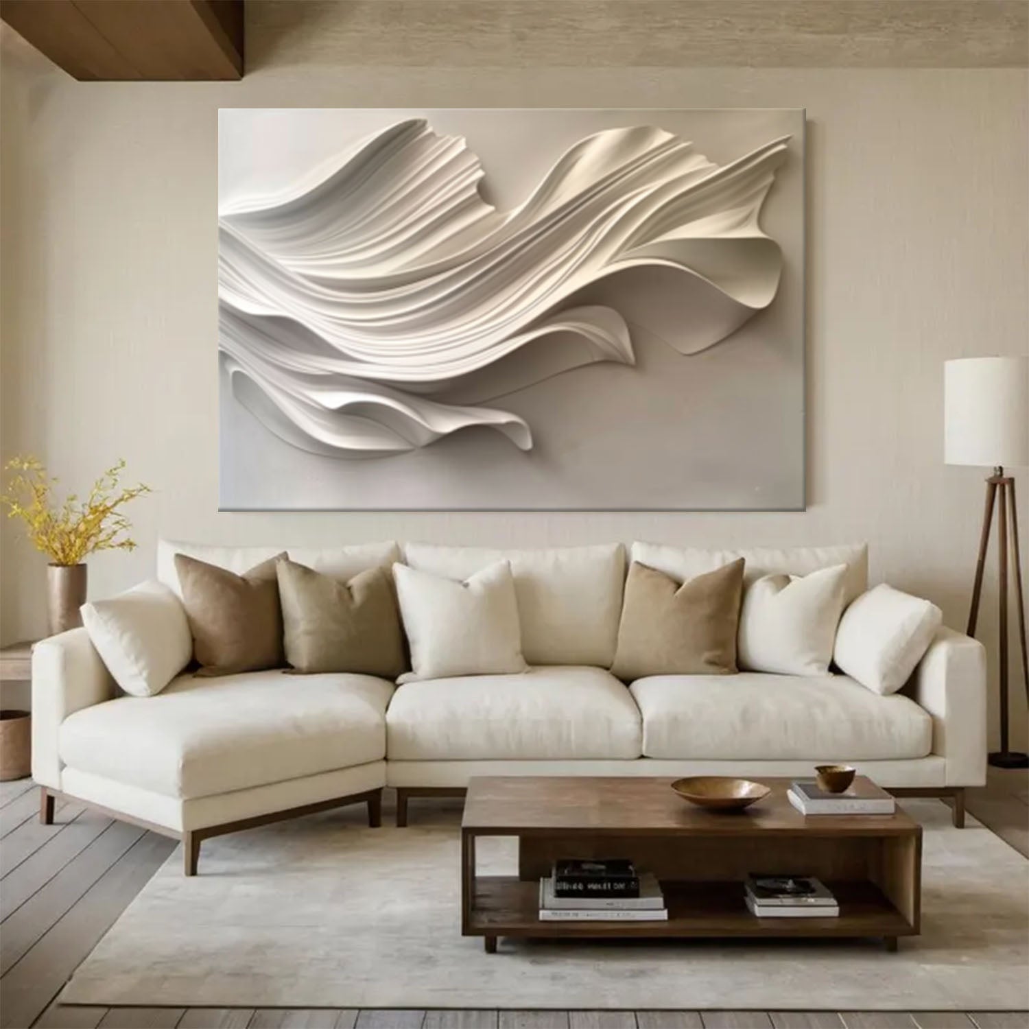 Wood carving wall art Beige Sculptured art Beige 3D Textured Wall Art
