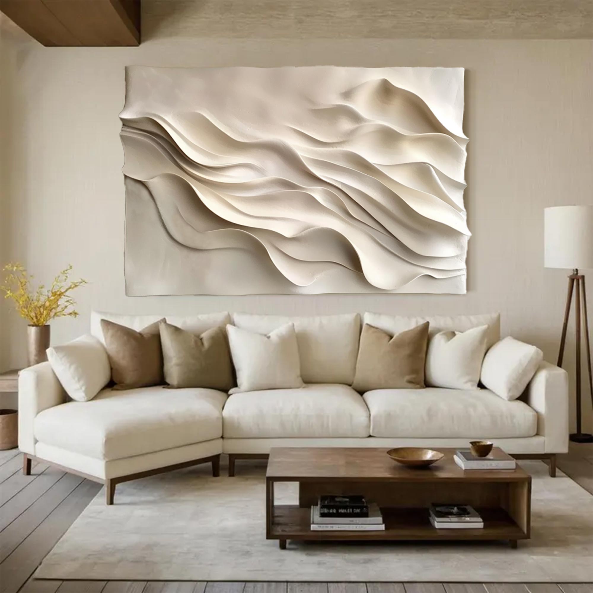 beige Textured Sculpture wall art Hand-Painted Wood Carving Wall Art 