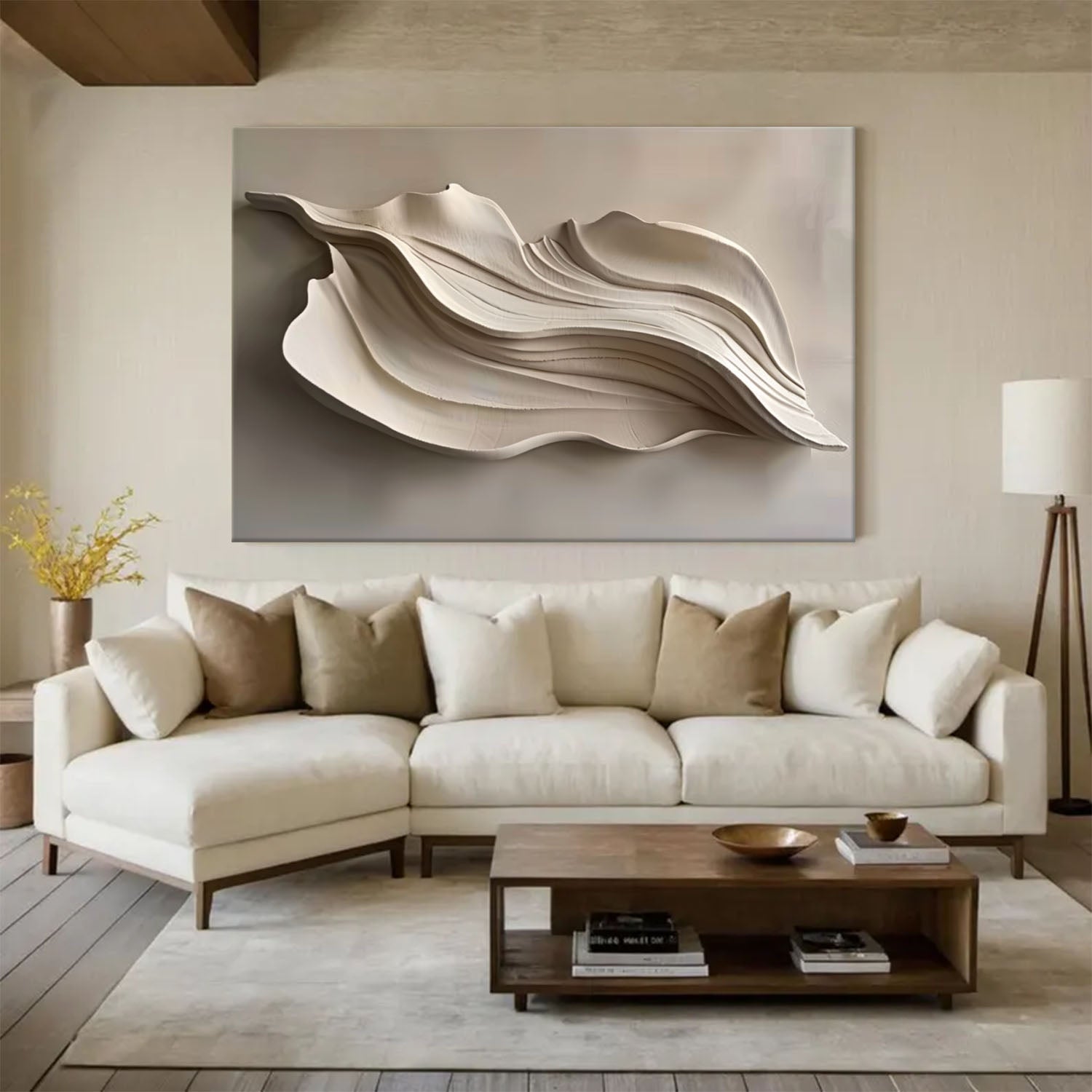 Grey Sculptured art Wood carving wall art Beige 3D Textured Wall Art