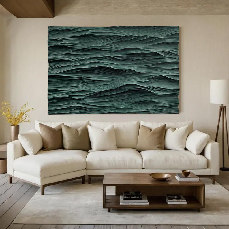 Green wave Wood Carving Wall Art: Abstract 3D Textured Sculpture art