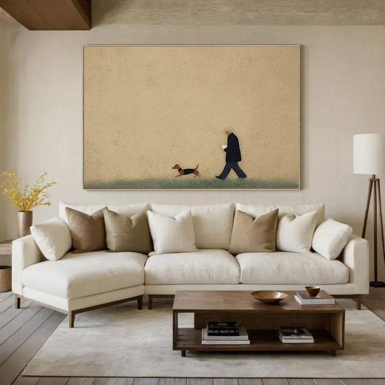 Man and Puppy Walking oil Painting Beige Minimalist Wall Art