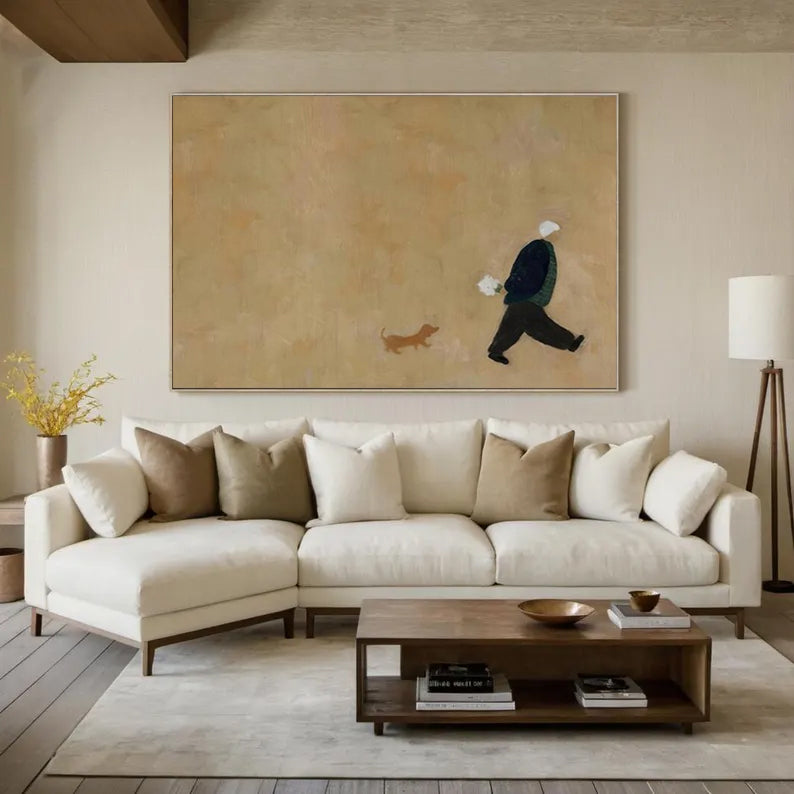 Man and Puppy Walking oil Painting Beige Minimalist Wall Art