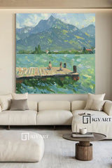 Green Abstract Landscape Oil Painting Lake Canvas Art Vintage Landscape Art Countryside Painting Custom Swimming Painting Farmhouse Wall Art