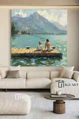 Green Abstract Landscape Oil Painting Lake Canvas Art Vintage Landscape Art Countryside Painting Custom Swimming Painting Farmhouse Wall Art