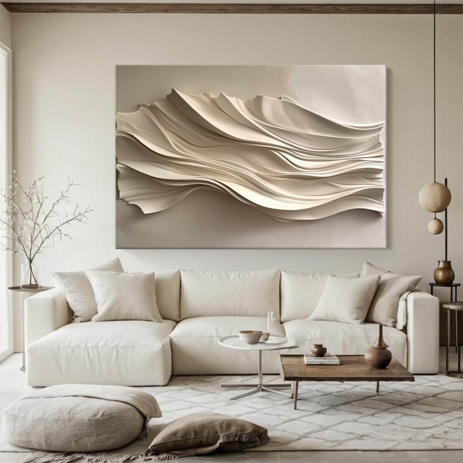 Beige Sculptured art Wood carving wall art Beige 3D Textured Wall Art