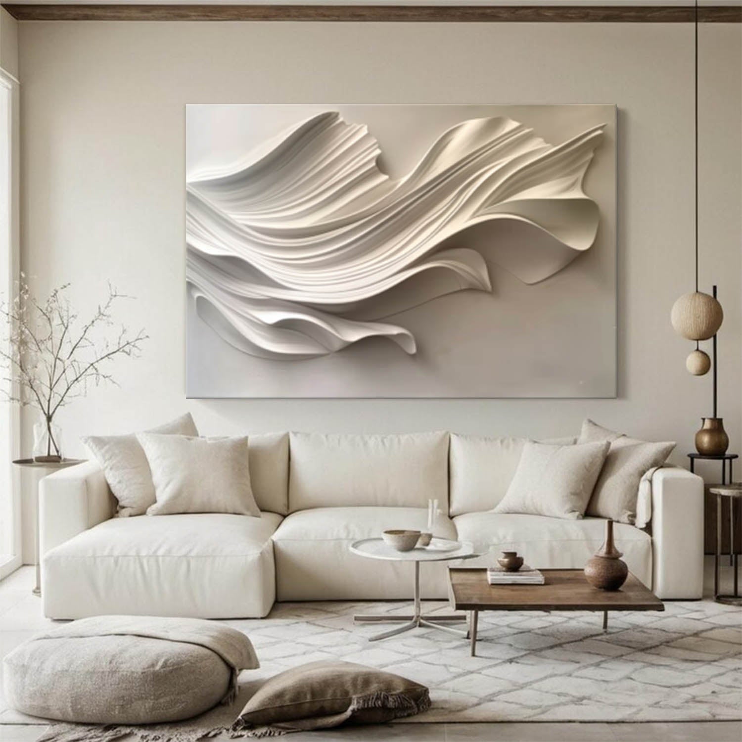Wood carving wall art Beige Sculptured art Beige 3D Textured Wall Art