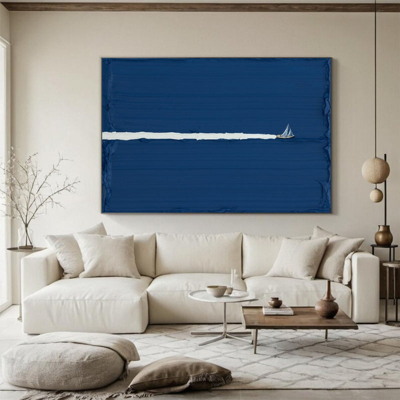 Large blue abstract art Abstract Blue Sailboat Wall Art Blue Sailboat Oil Painting on Canvas Blue Texture Art