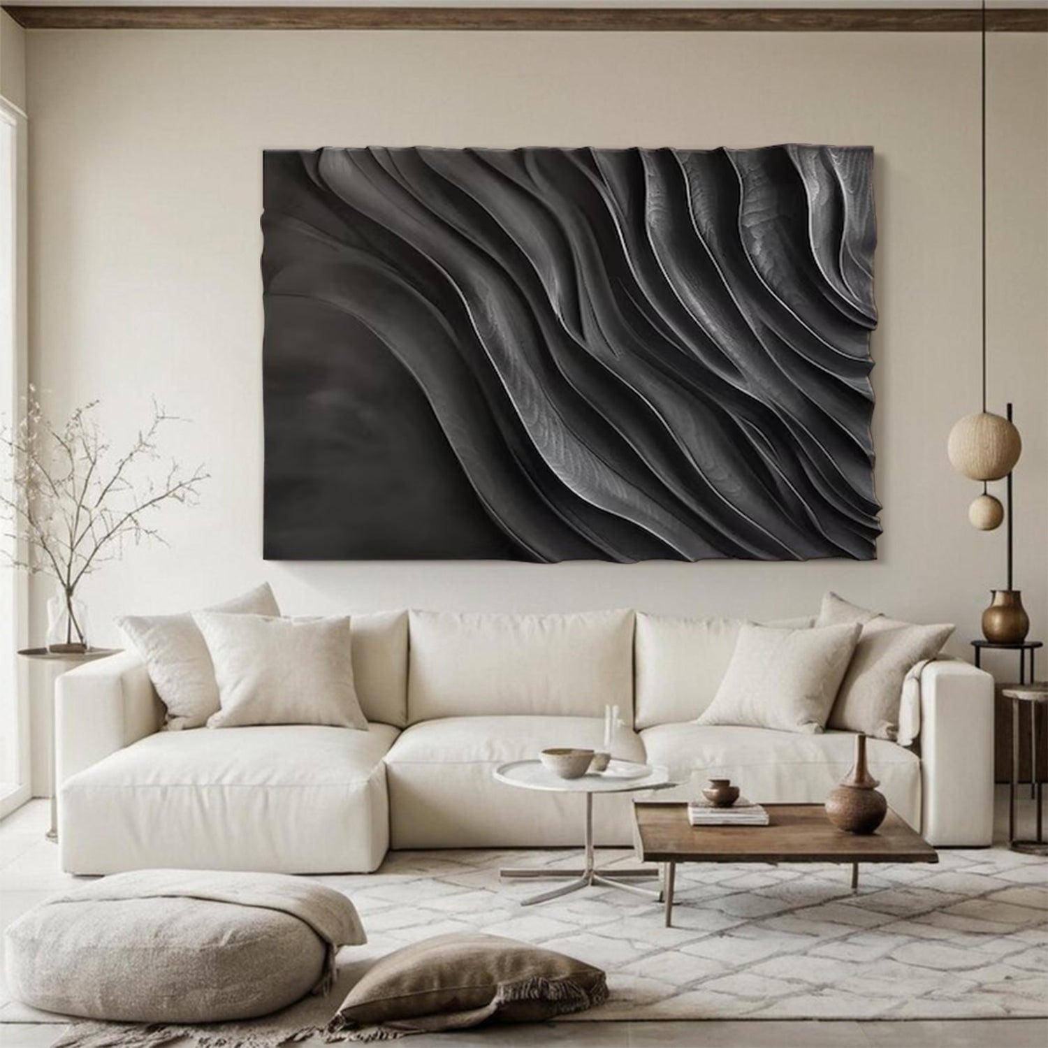 Black 3D Textured Wall Art Black Sculptured art Wood carving wall art 