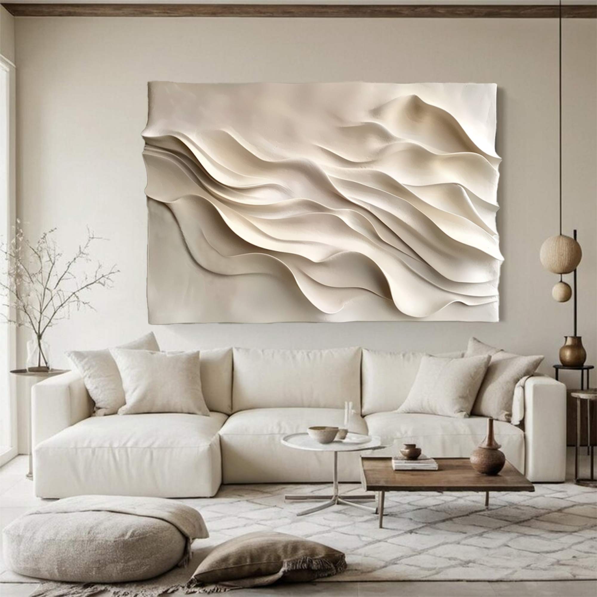 beige Textured Sculpture wall art Hand-Painted Wood Carving Wall Art 