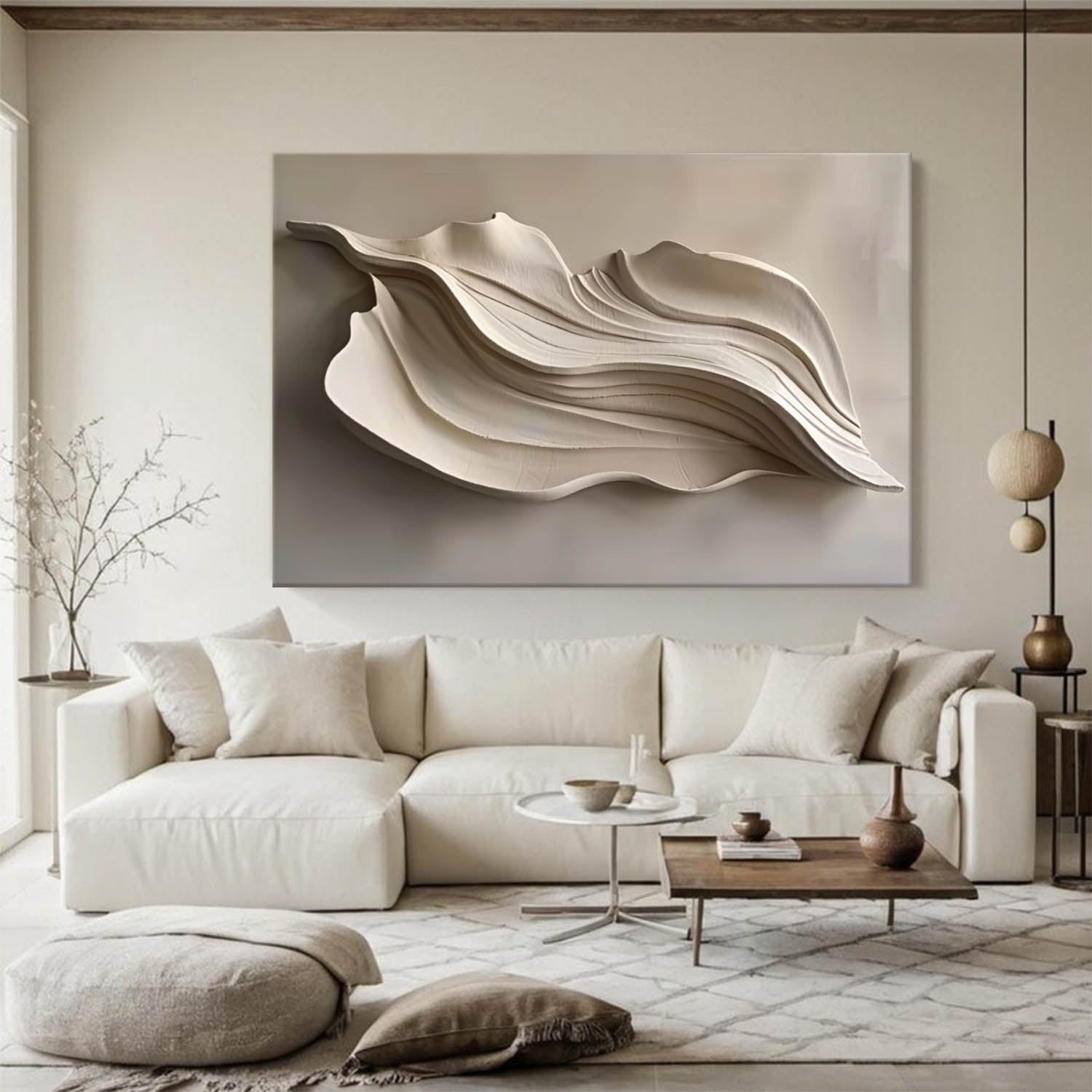 Grey Sculptured art Wood carving wall art Beige 3D Textured Wall Art