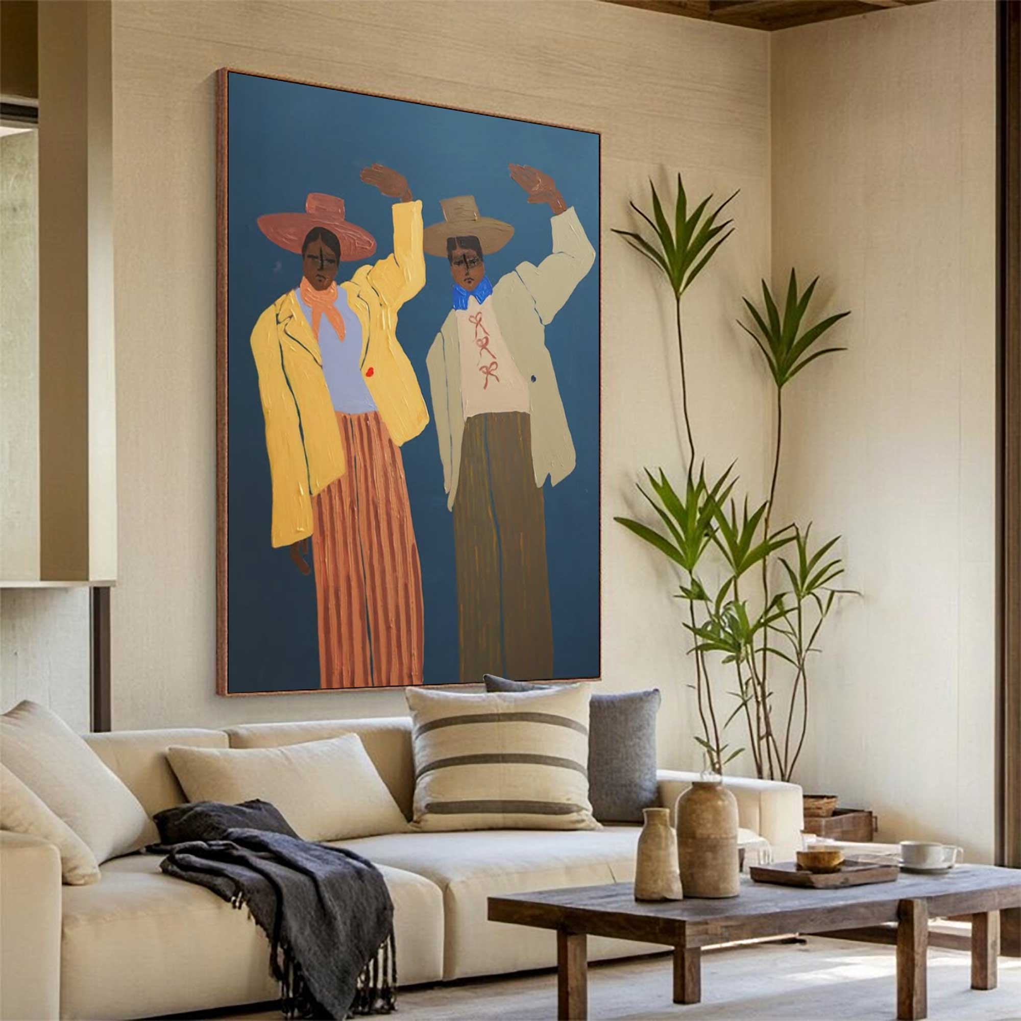 contemporary folk style male figure duo art Vintage Fashion Art Painting