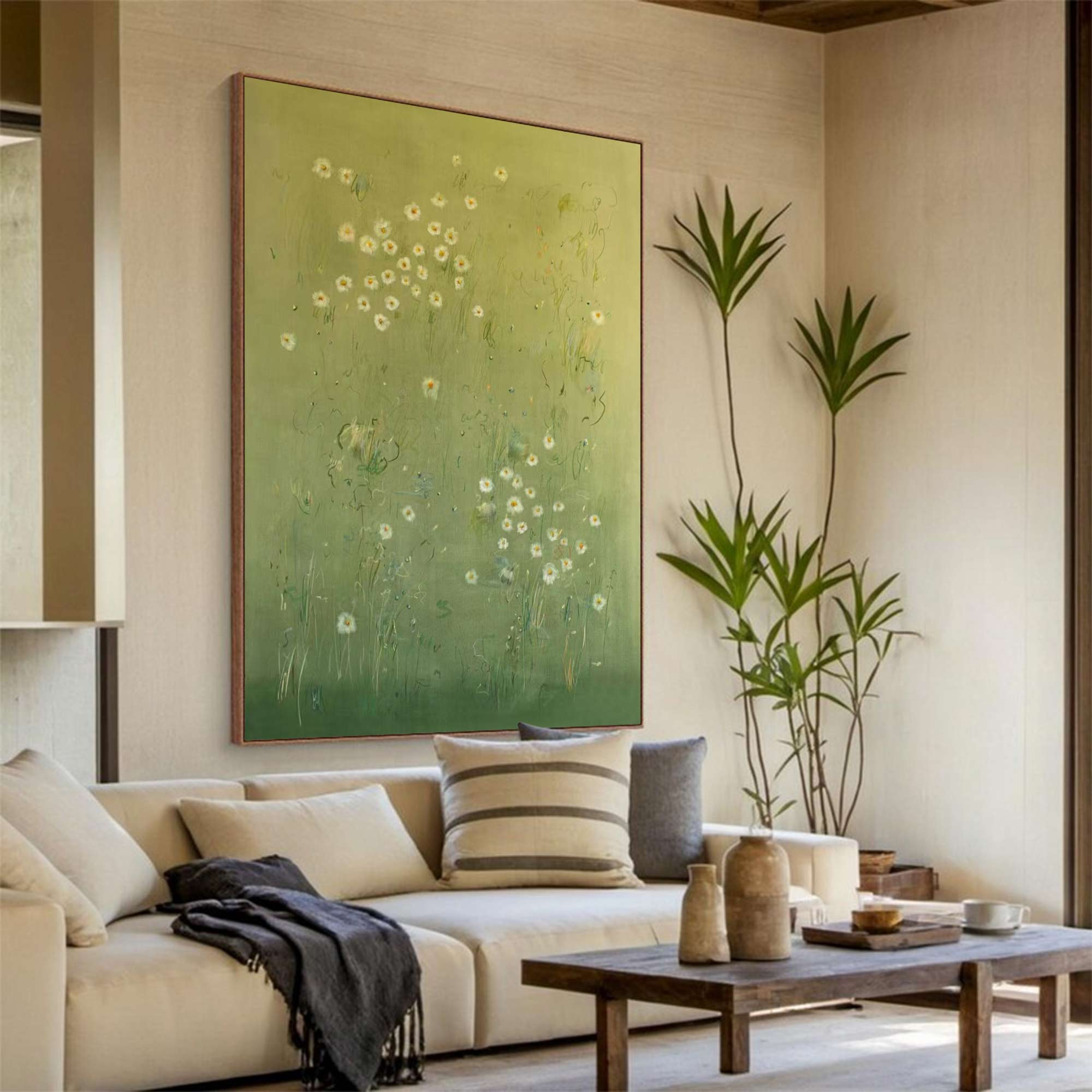 Green abstract painting, green plant wall painting, flower painting