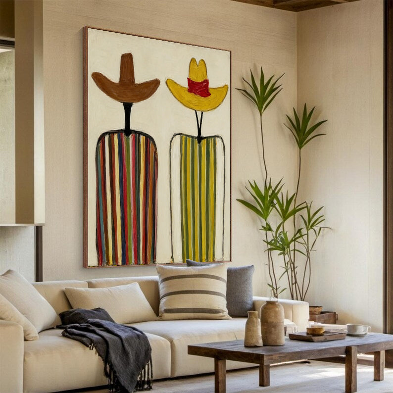 Modern Abstract Cowboy Oil Painting - Hand-Painted Minimalist Figures in Sombreros